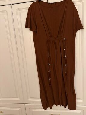 Zara Brown Midi Dress | Boho Drawstring Waist | Size Large